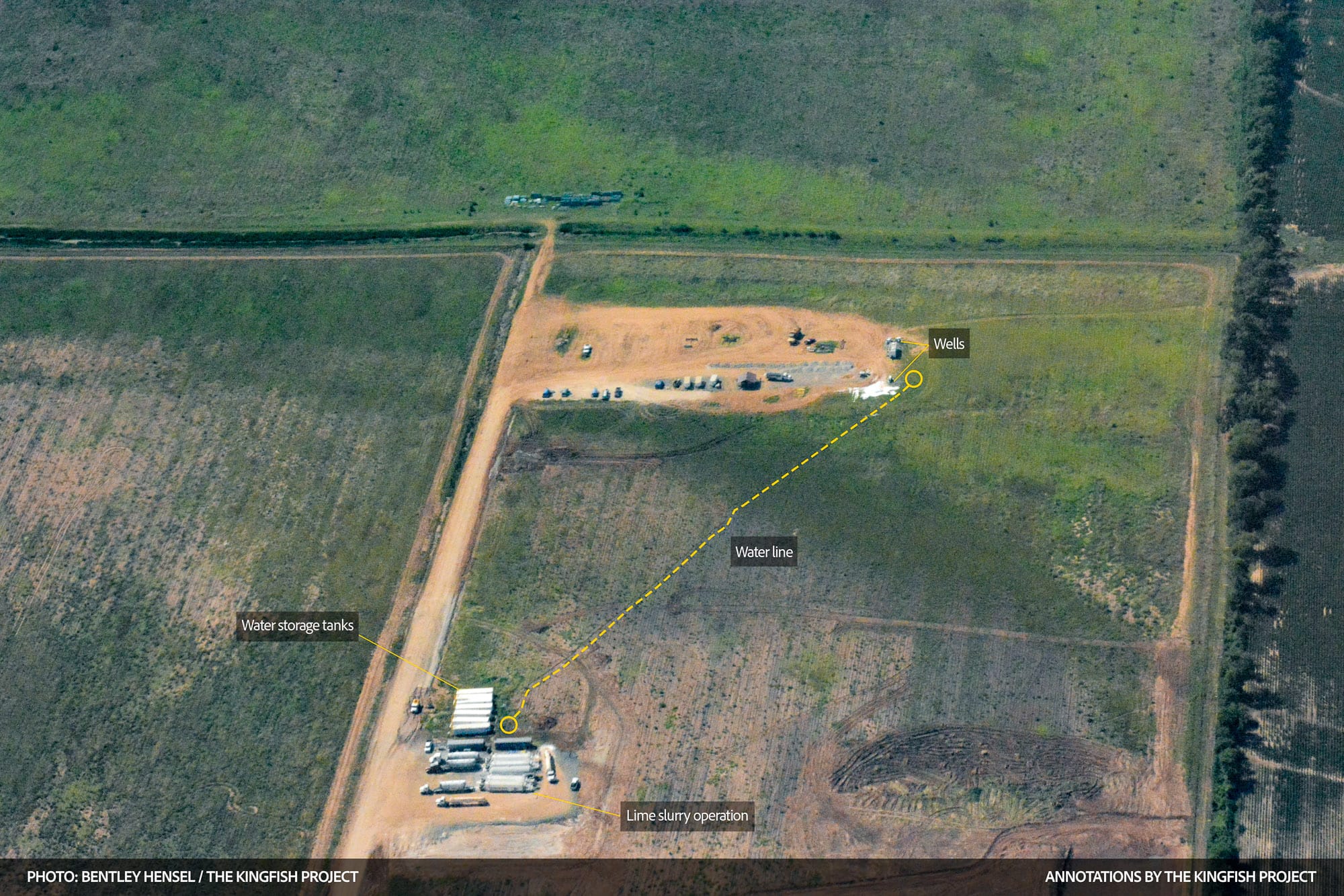 Aerial photo with a dashed yellow line tracing a water line across a field from an equipment yard labeled Wells to a row of white storage tanks beside lime-mixing trucks.