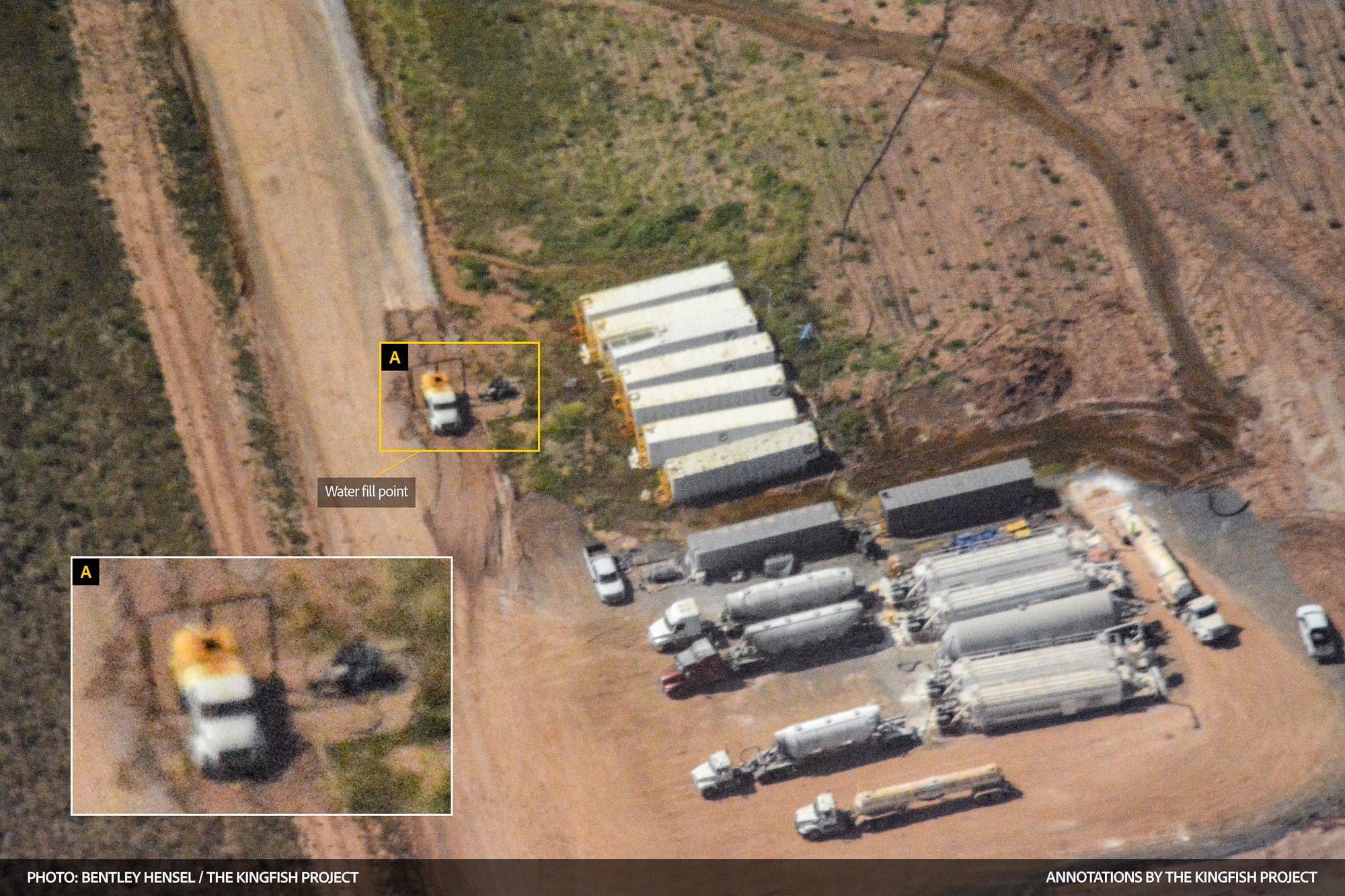 Aerial photo of white storage tanks and tanker trucks, with a yellow box and enlarged inset highlighting a water truck parked at a fill point.