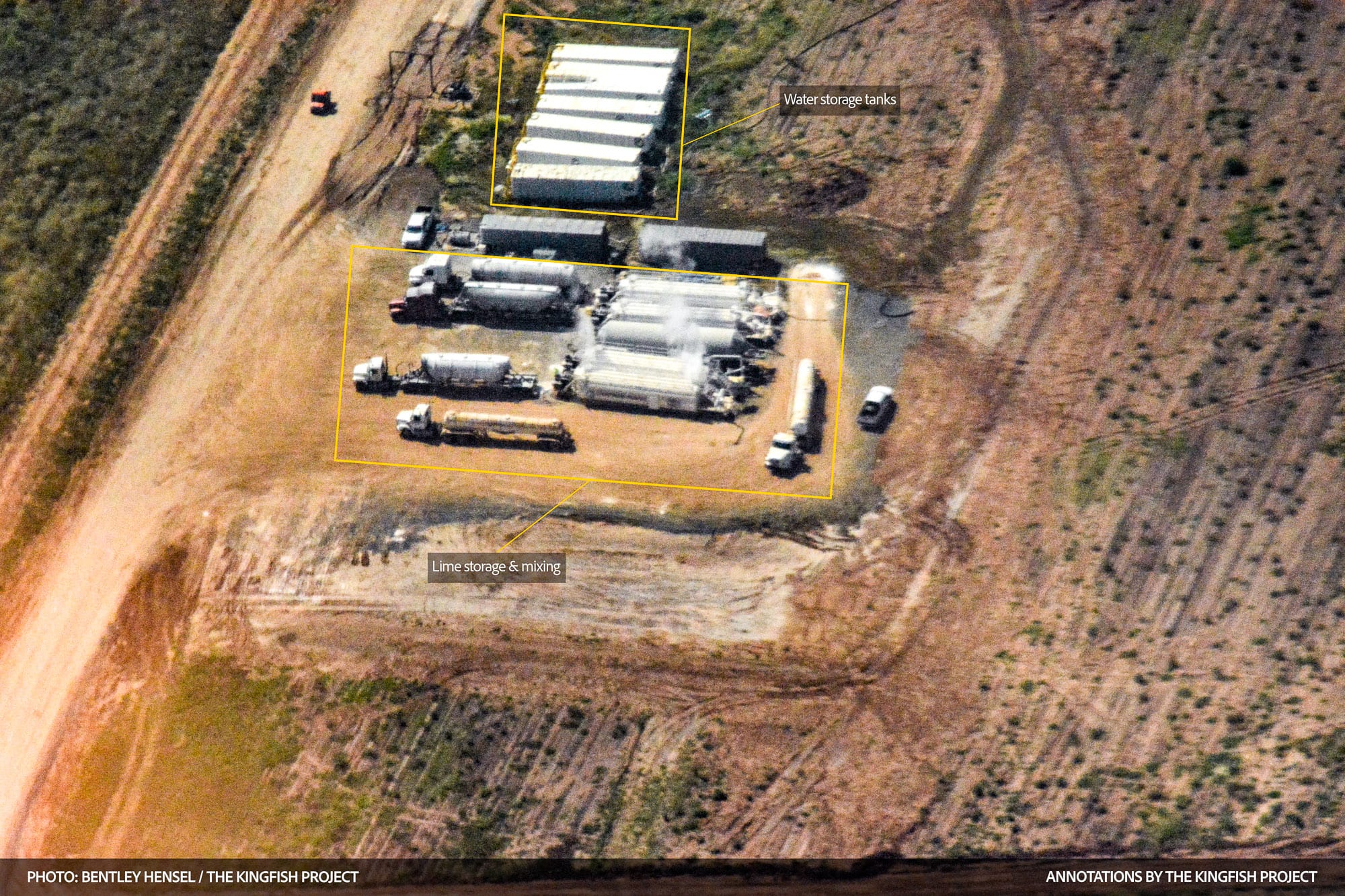 Aerial close view of tanker trucks and mixing equipment with steam rising, beside a row of white water storage tanks; yellow boxes label the tank row and lime mixing area.