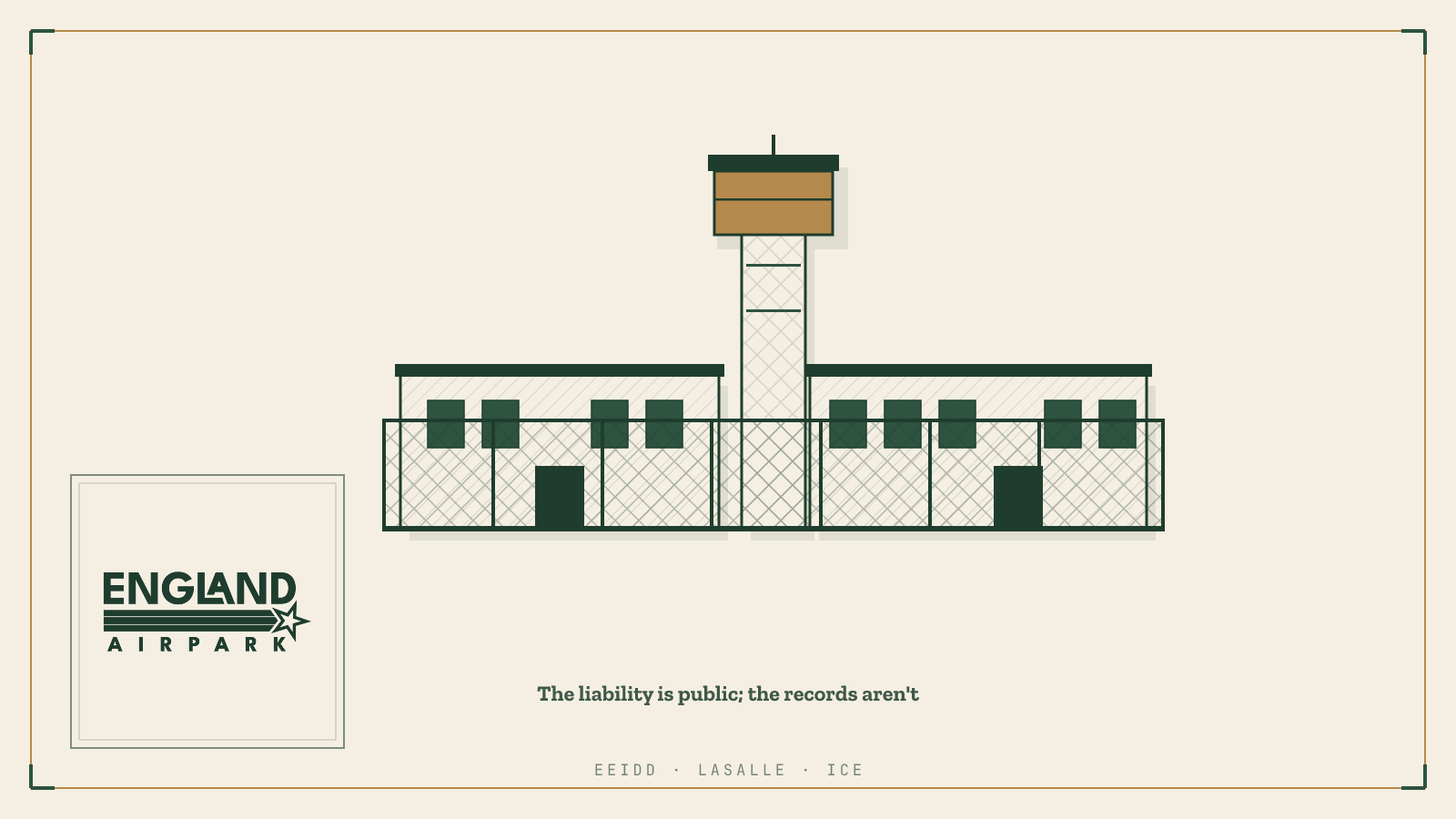 Engraved-style illustration of two low flat-roofed buildings behind a chain-link fence at England Airpark, with an airfield control tower rising behind them. 