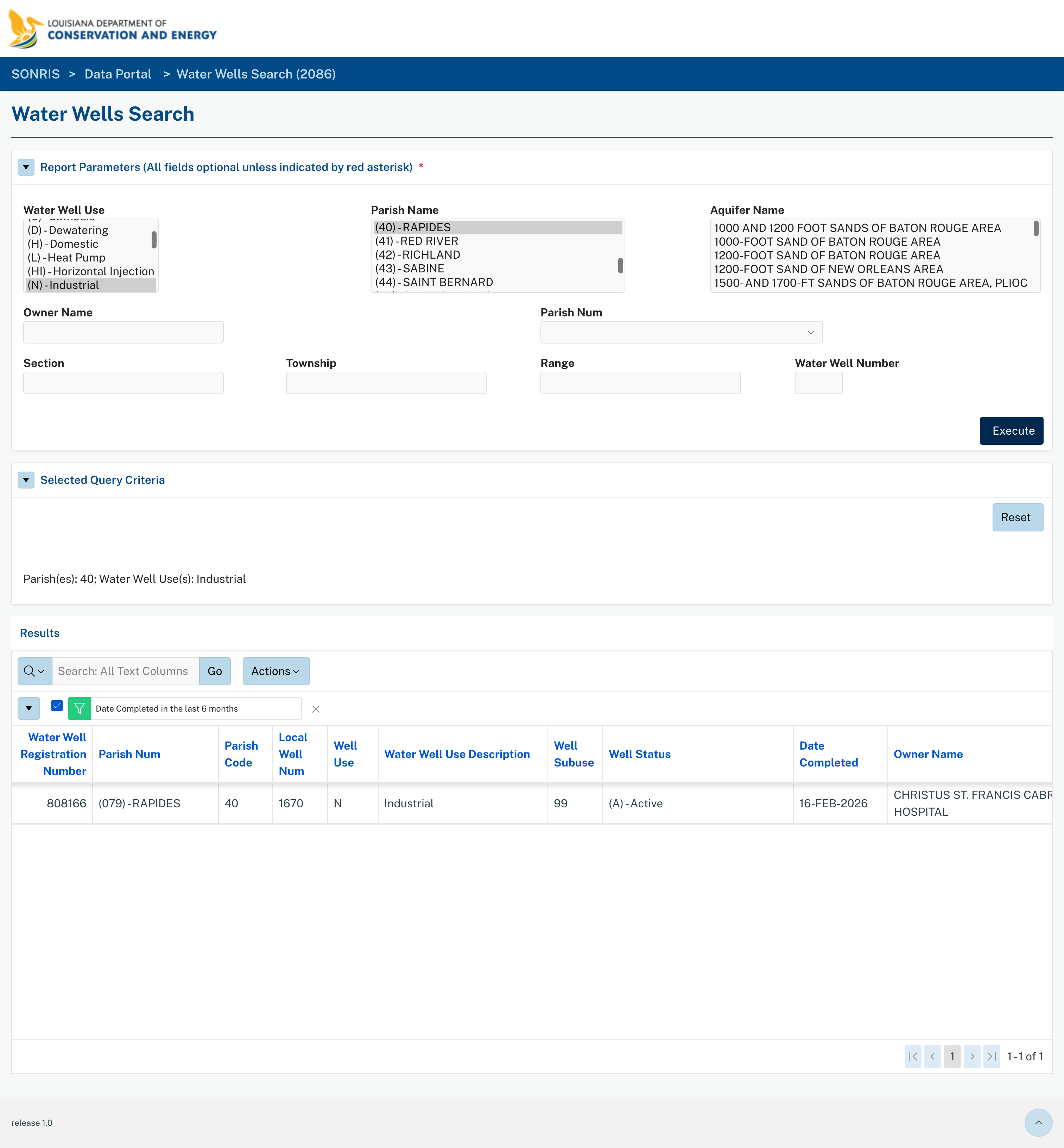 Screenshot of the state SONRIS water wells search for industrial wells completed in Rapides Parish in the last six months, returning a single record for Christus St. Frances Cabrini Hospital.